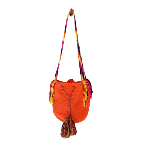 Wayuu Mochila Bag Large Size Orange Handmade from Colombia Crossbody Hobo Bag - Picture 2 of 14